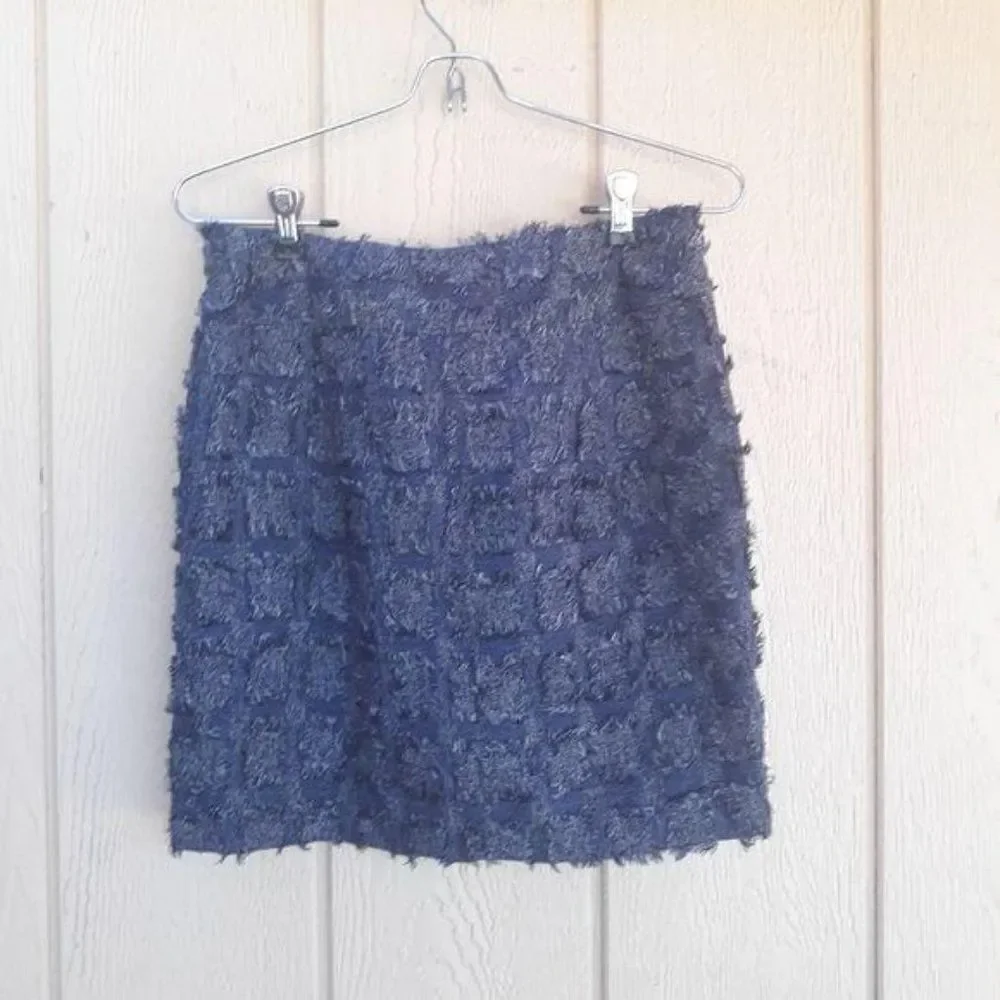 Love21 Raw Edge Frayed Quilted Checker Checked‎ Textured Mini Skirt Blue Sz S